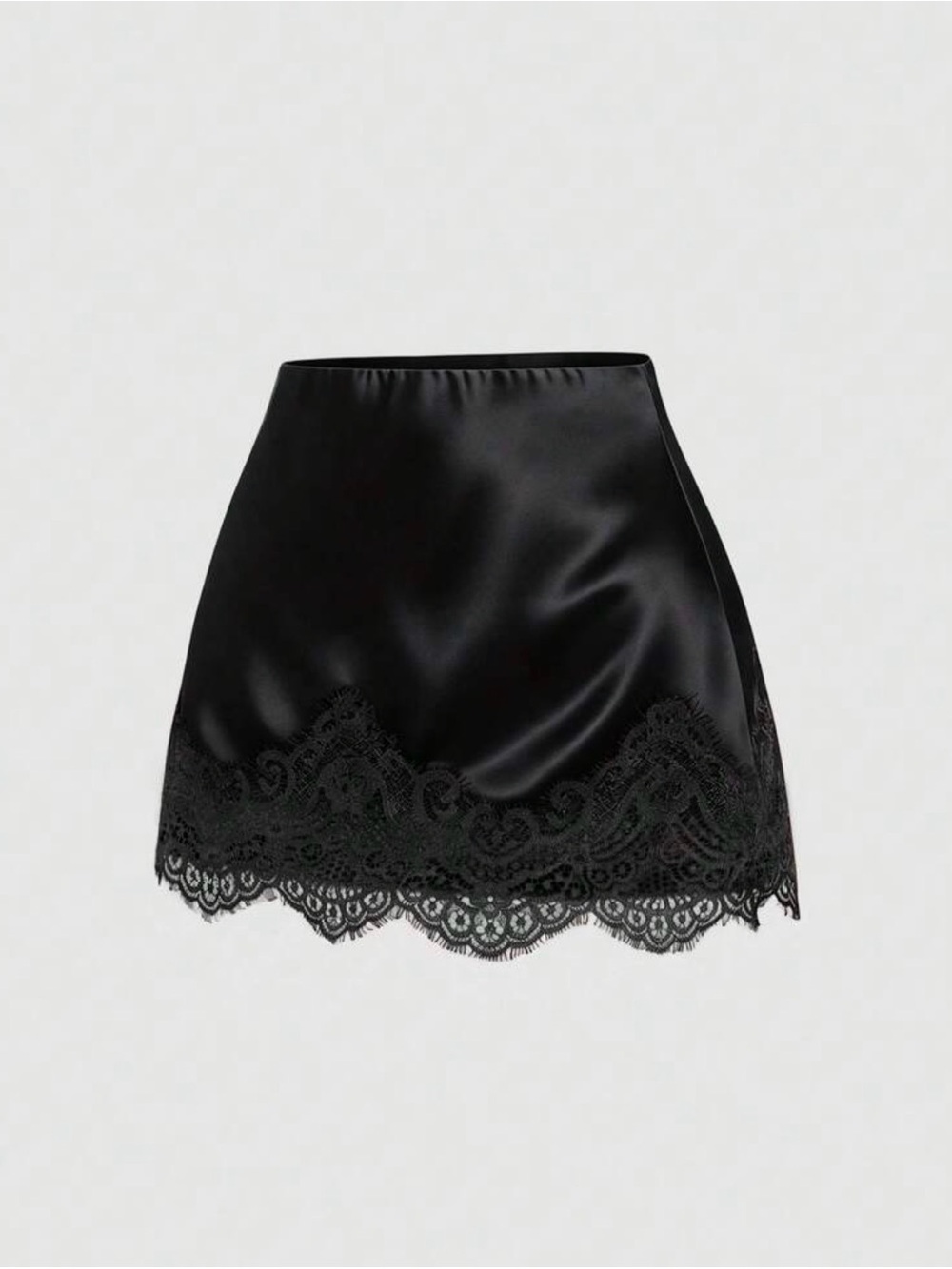 Satin Lace Trim Mini Skirt - Black